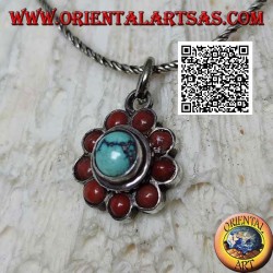 Silver flower pendant with antique Tibetan cabochon turquoise surrounded by round corals