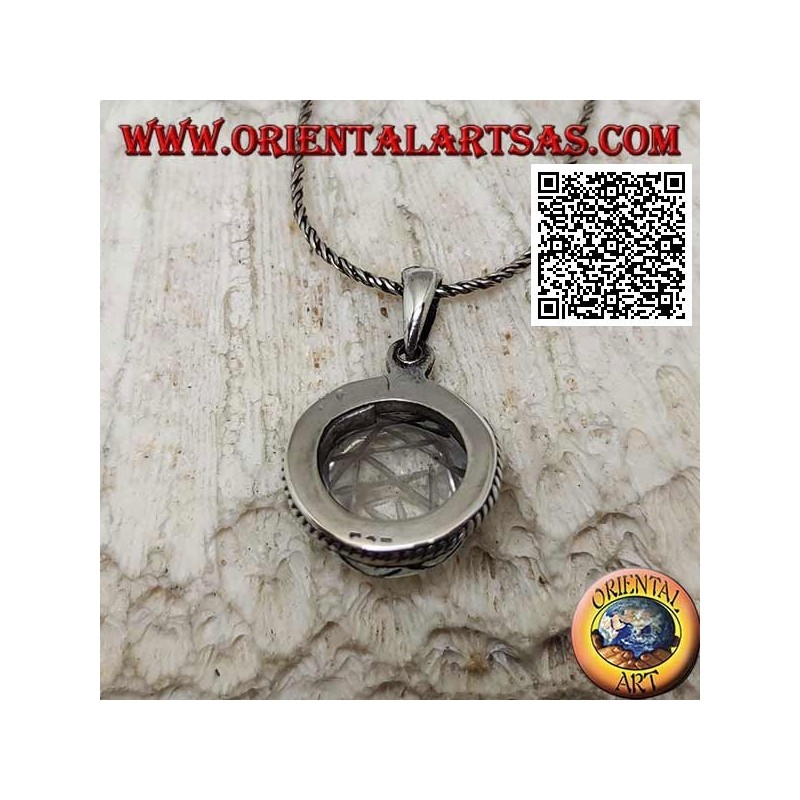 Silver pendant with Sri Yantra engraved on round cabochon rock crystal surrounded by double weaving