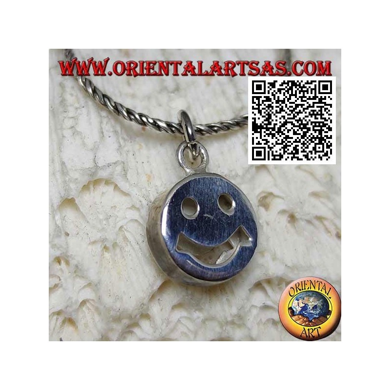 Smooth round silver pendant with smiley face / perforated smiley face