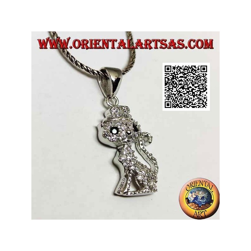 Silver pendant in the shape of a cat with a hat studded with white zircons and black eyes