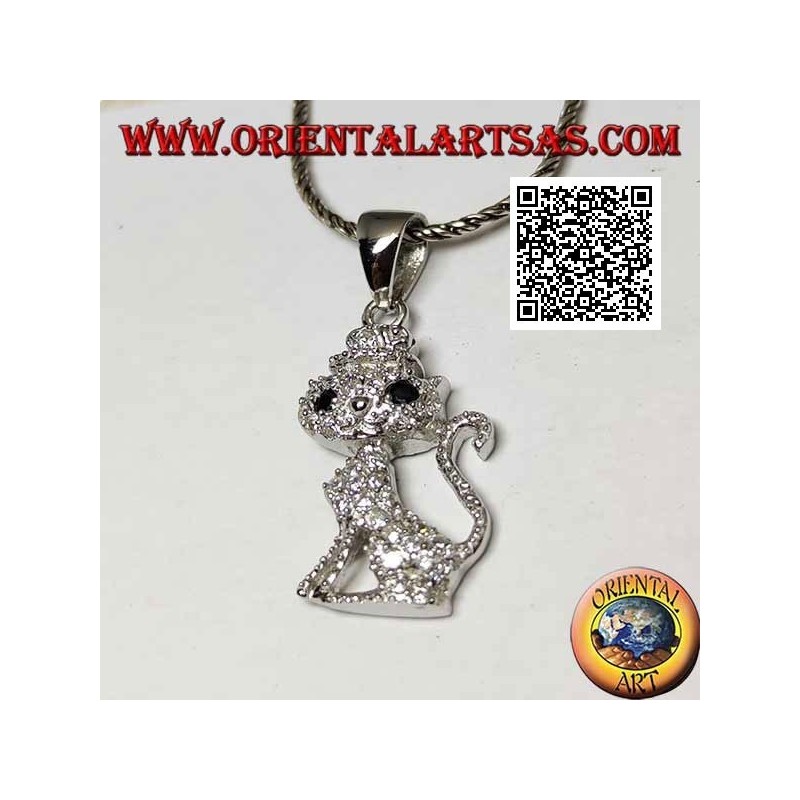 Pendentif en argent en forme de chat avec un chapeau parsemé de zircons blancs et d'yeux noirs