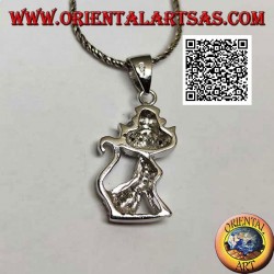 Pendentif en argent en forme de chat avec un chapeau parsemé de zircons blancs et d'yeux noirs
