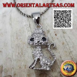 Pendentif en argent en forme de chat avec un chapeau parsemé de zircons blancs et d'yeux noirs