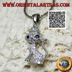 Silver pendant in the shape of a cat with a hat studded with white zircons and black eyes
