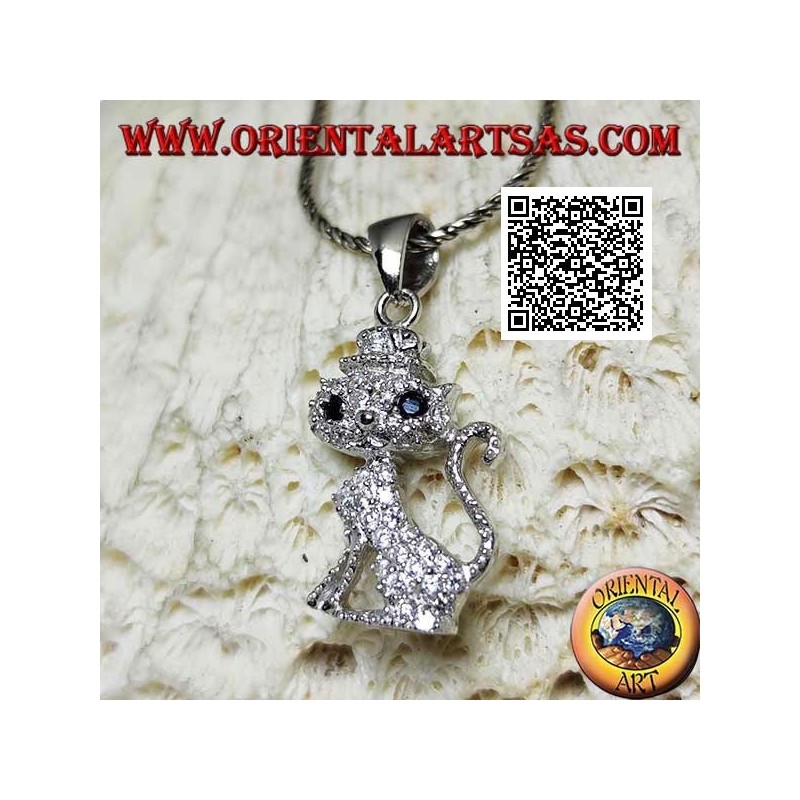 Pendentif en argent en forme de chat avec un chapeau parsemé de zircons blancs et d'yeux noirs