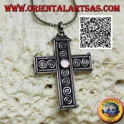 Silver Latin cross pendant with central round amethyst and S-shaped spiral decoration