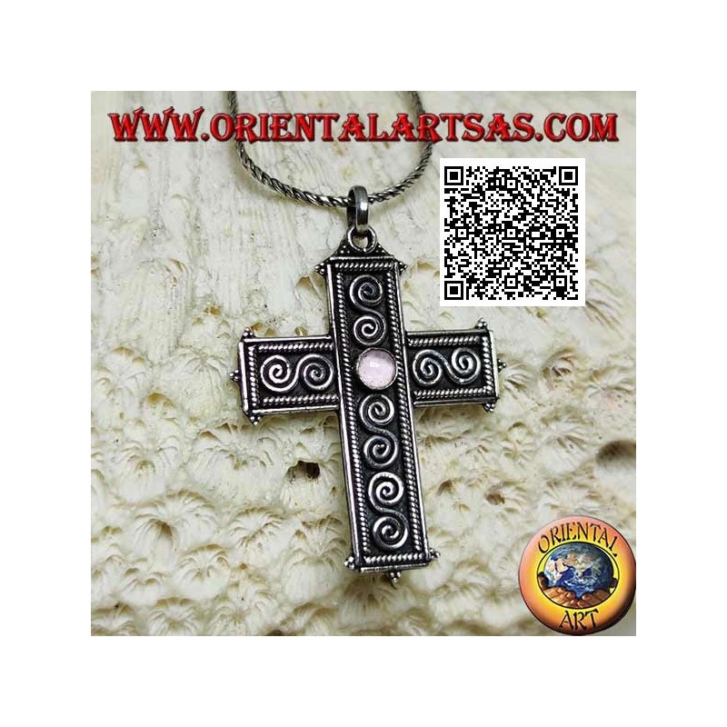 Silver Latin cross pendant with central round amethyst and S-shaped spiral decoration