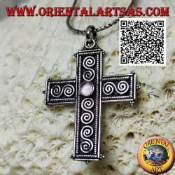 Silver Latin cross pendant with central round amethyst and S-shaped spiral decoration