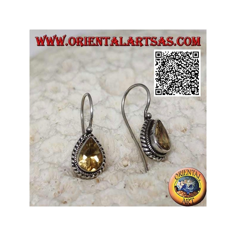 Orecchini in argento con topazio giallo naturale a goccia contornato da intreccio