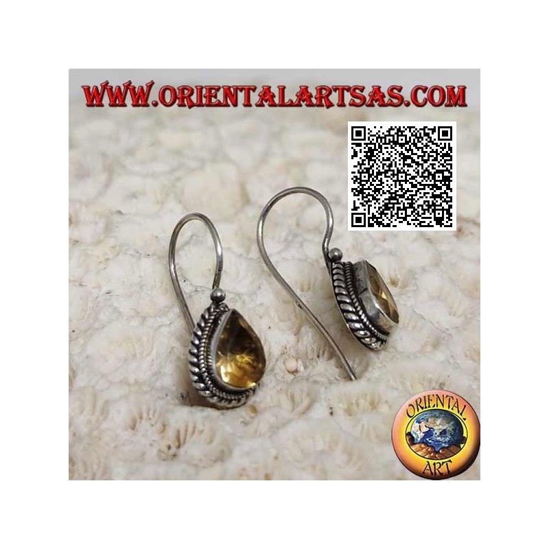 Boucles d'oreilles en argent avec topaze jaune en forme de larme naturelle entourées de tissage