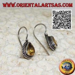 Silver earrings with natural teardrop yellow topaz surrounded by weaving