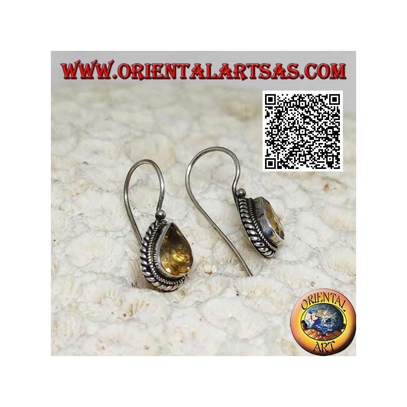 Boucles d'oreilles en argent avec topaze jaune en forme de larme naturelle entourées de tissage