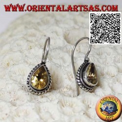 Silver earrings with natural teardrop yellow topaz surrounded by weaving