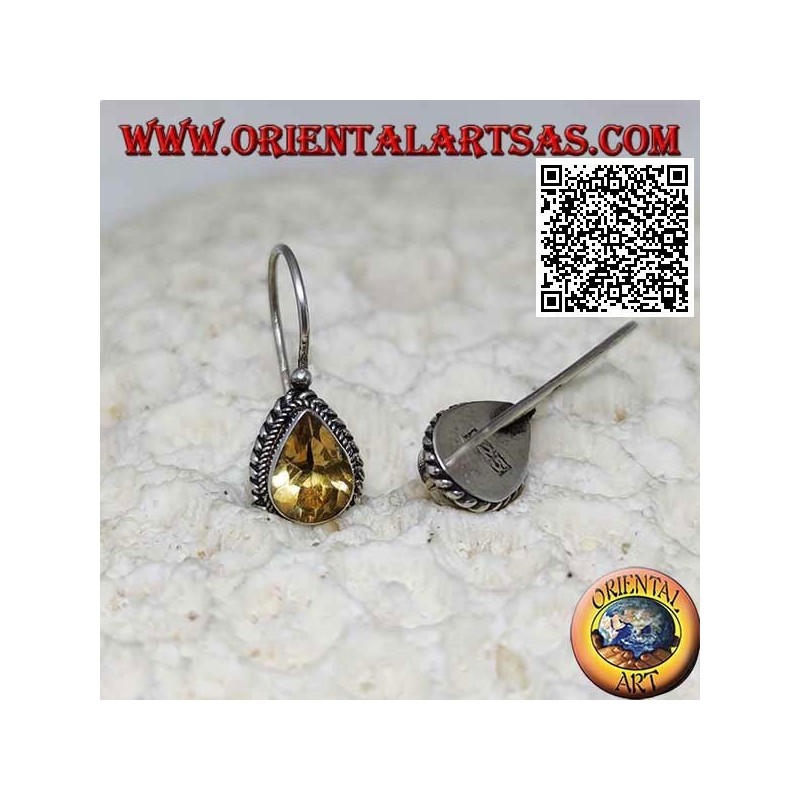 Pendientes de plata con topacio amarillo lágrima natural rodeados de tejido