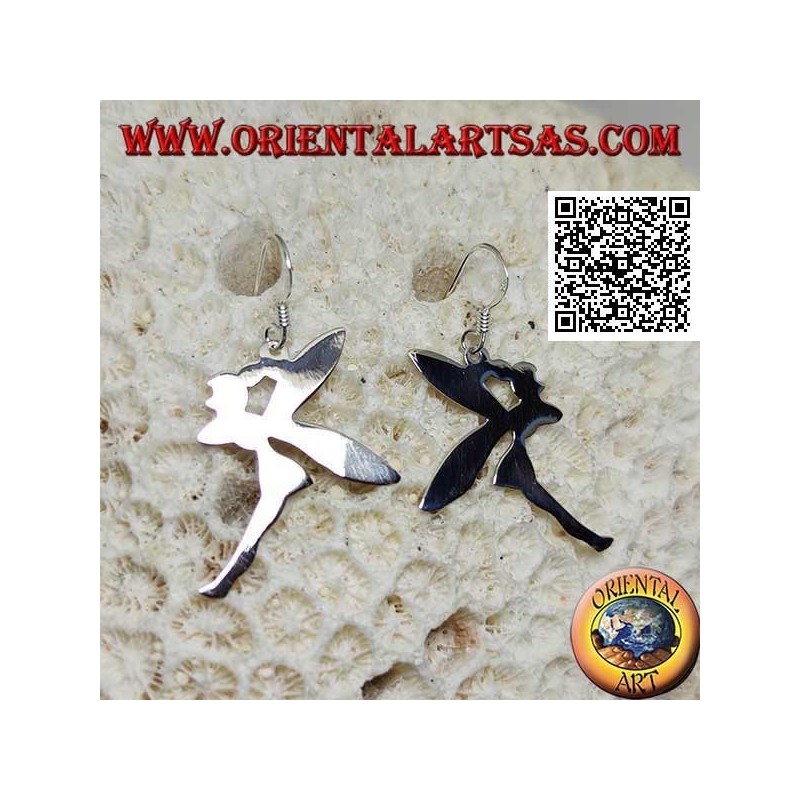 Silver pendant earrings in the shape of a fairy "Tinker Bell" in smooth profile