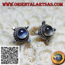Silver earrings with round moonstone surrounded by interweaving and disks on the cardinal points