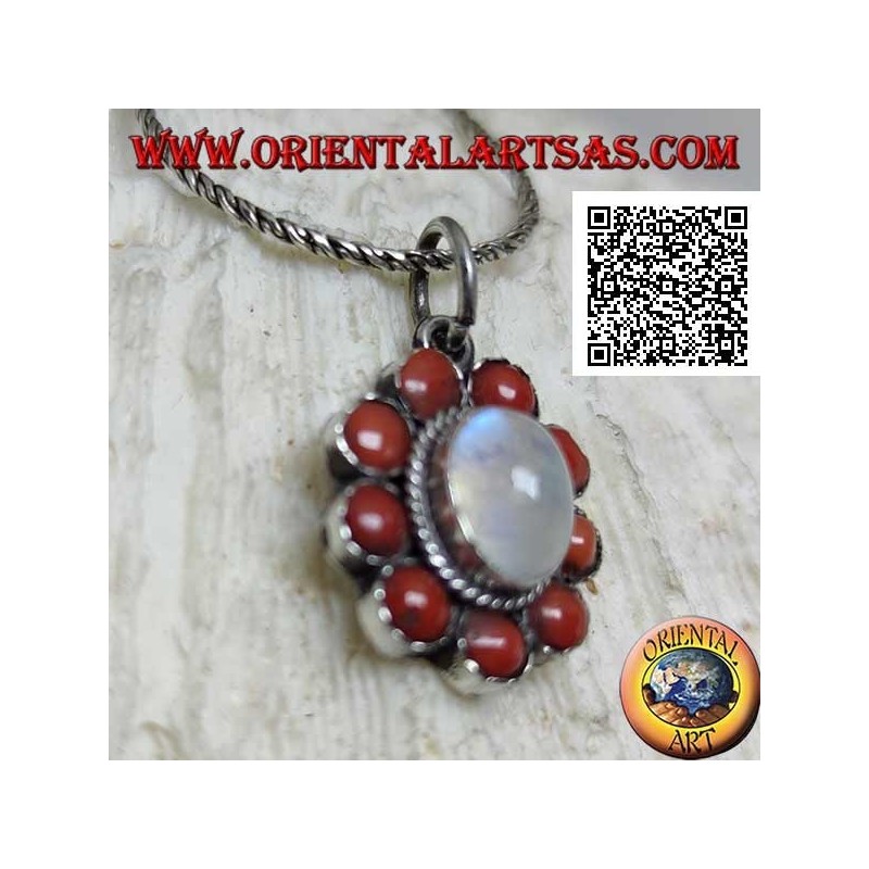 Silver flower pendant with oval moonstone surrounded by coral balls
