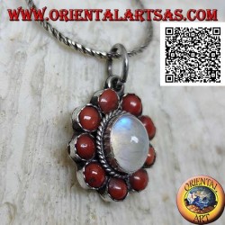 Silver flower pendant with oval moonstone surrounded by coral balls