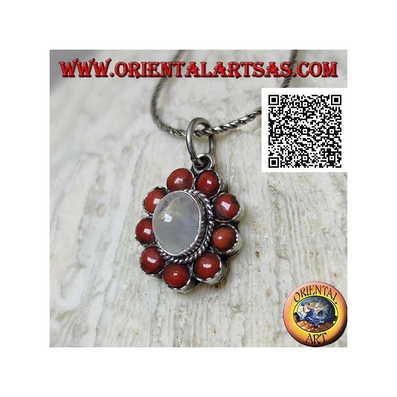 Pendentif fleur en argent avec pierre de lune ovale entourée de boules de corail