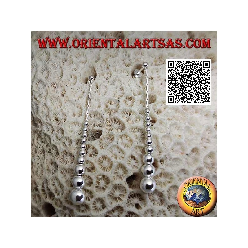 Silver lobe earrings with a row of hanging smooth growing balls