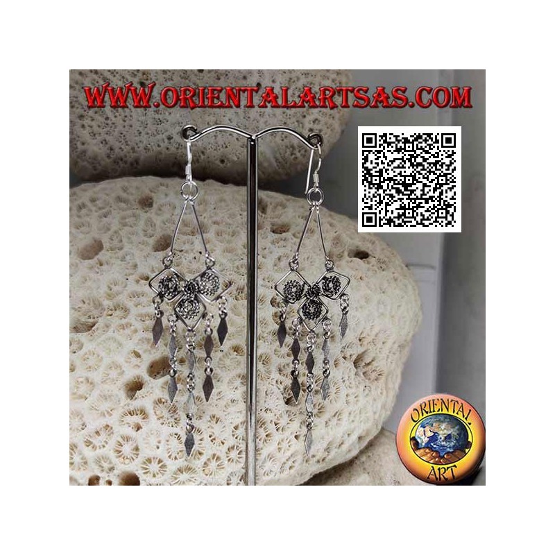 Silver leverback earrings with ethnic motif and smooth hanging rhombuses
