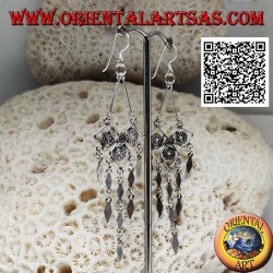 Silver leverback earrings with ethnic motif and smooth hanging rhombuses