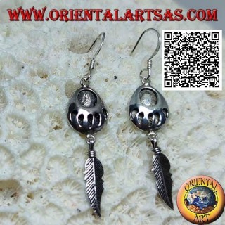 Silver leverback earrings with engraved footprint on medal and pendant feather