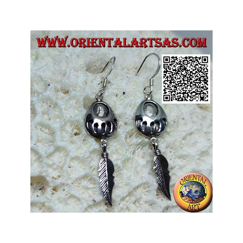 Boucles d'oreilles en argent avec empreinte gravée sur médaille et pendentif plume