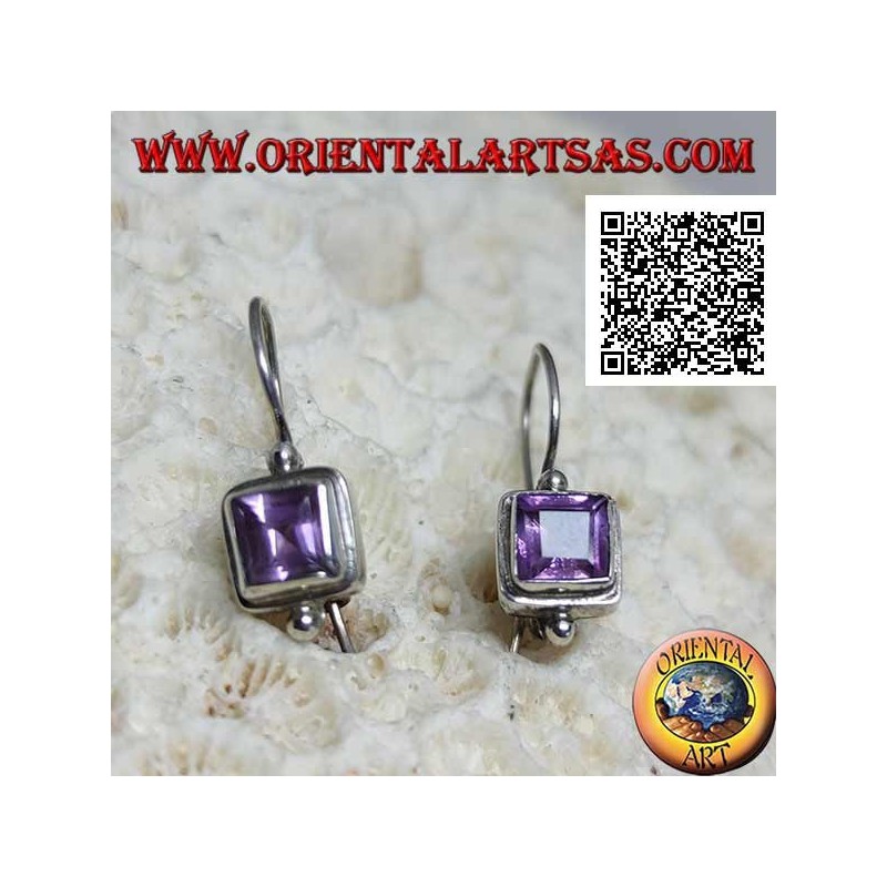 Silver earrings with faceted square amethyst on smooth setting with ball above and below