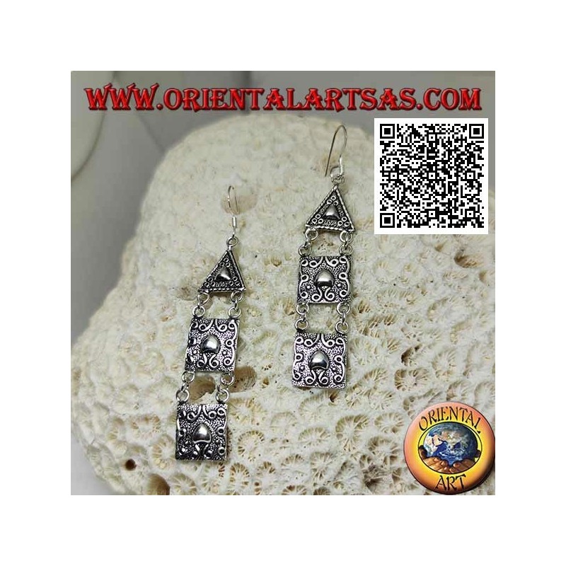 Silver hook earrings with triangular and square plates with high relief decoration
