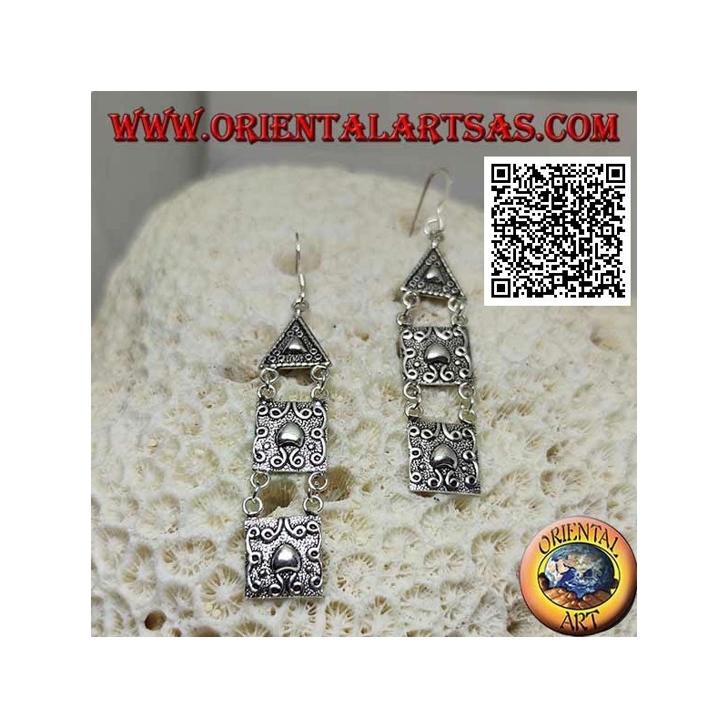 Silver hook earrings with triangular and square plates with high relief decoration