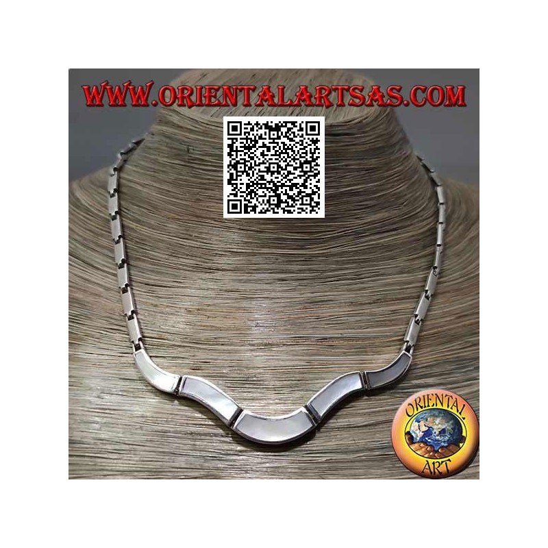 925 ‰ silver choker necklace, smooth rectangles and with mother-of-pearl flush edge (undulata)