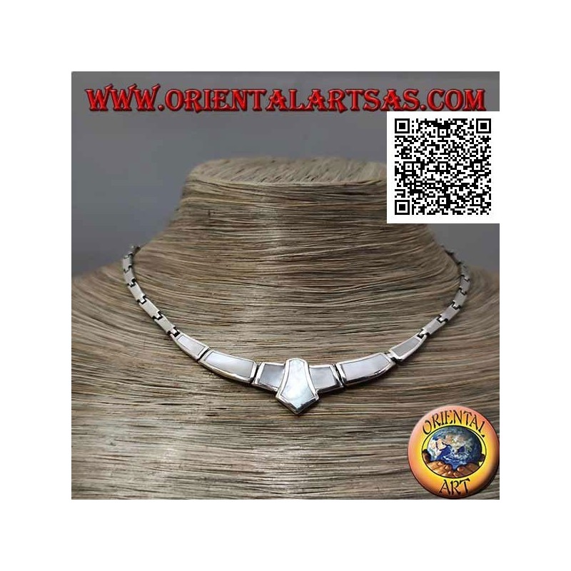 Collier ras de cou en argent 925 ‰, rectangles lisses et avec nacre au ras du bord central