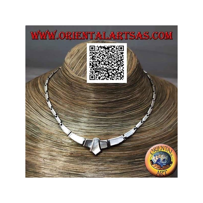 925 ‰ silver choker necklace, smooth rectangles and with mother of pearl flush with central edge
