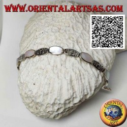 Silver bracelet rounded rectangular plates alternating with wire mother of pearl and perforated pattern