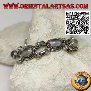Double chain silver bracelet with 5 cabochon oval moonstones surrounded by interweaving