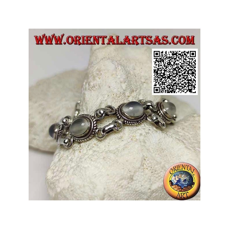 Doppelketten-Silberarmband mit 5 ovalen Cabochon-Mondsteinen, umgeben von Verflechtungen
