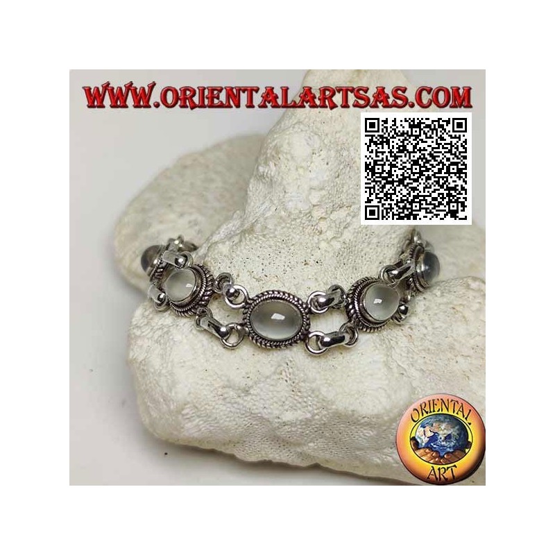 Doppelketten-Silberarmband mit 5 ovalen Cabochon-Mondsteinen, umgeben von Verflechtungen