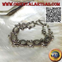 Double chain silver bracelet with 5 cabochon oval moonstones surrounded by interweaving