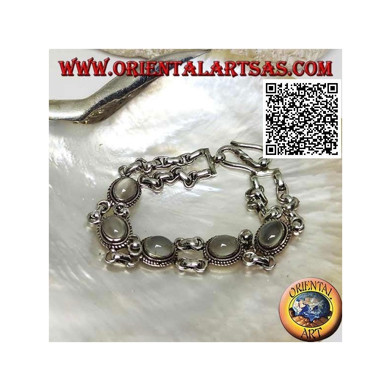 Bracelet argent double chaîne avec 5 pierres de lune ovales cabochons entourées d'entrelacs