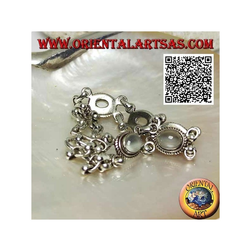 Pulsera de plata de doble cadena con 5 piedras de luna ovaladas cabujón rodeadas de entretejidos