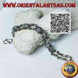 Pulsera de plata de doble cadena con 5 piedras de luna ovaladas cabujón rodeadas de entretejidos