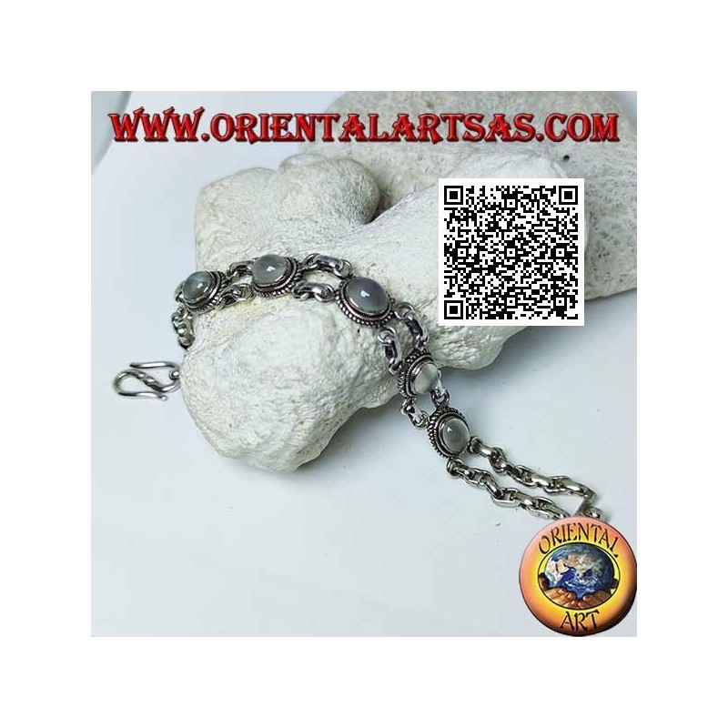 Bracelet argent double chaîne avec 5 pierres de lune ovales cabochons entourées d'entrelacs