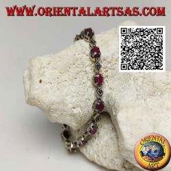 Silver bracelets with 12 natural oval rubies set alternating with marcasite rhombuses