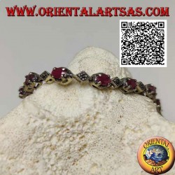 Silver bracelets with 12 natural oval rubies set alternating with marcasite rhombuses