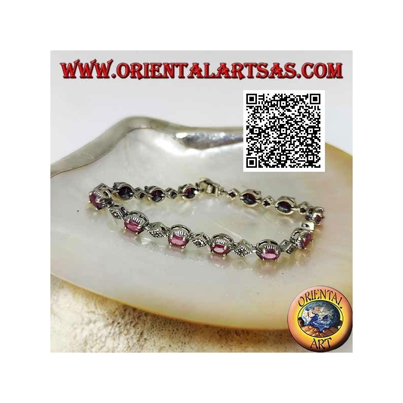 Pulseras de plata con 12 rubíes ovalados naturales engastados alternados con rombos de marcasita