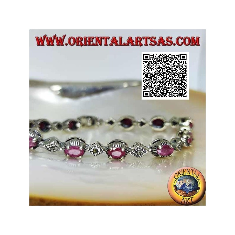 Silver bracelets with 12 natural oval rubies set alternating with marcasite rhombuses