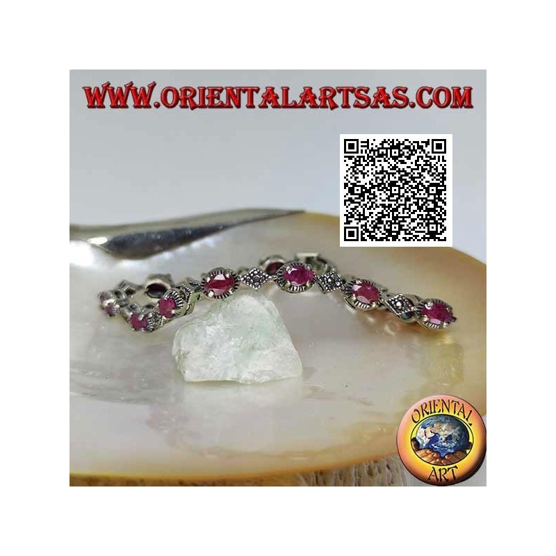 Silver bracelets with 12 natural oval rubies set alternating with marcasite rhombuses