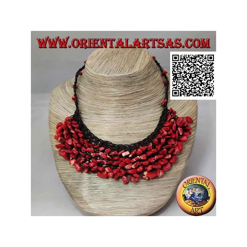 Macramé Choker Halskette mit Perlen und Korallenfragmenten