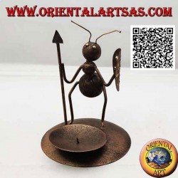Wrought iron candle holder, warrior ant with spear and shield